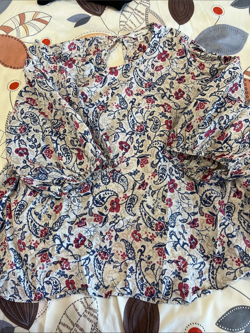 Reitmans Cream Floral Pintuck Blouse with Navy & Red Accents